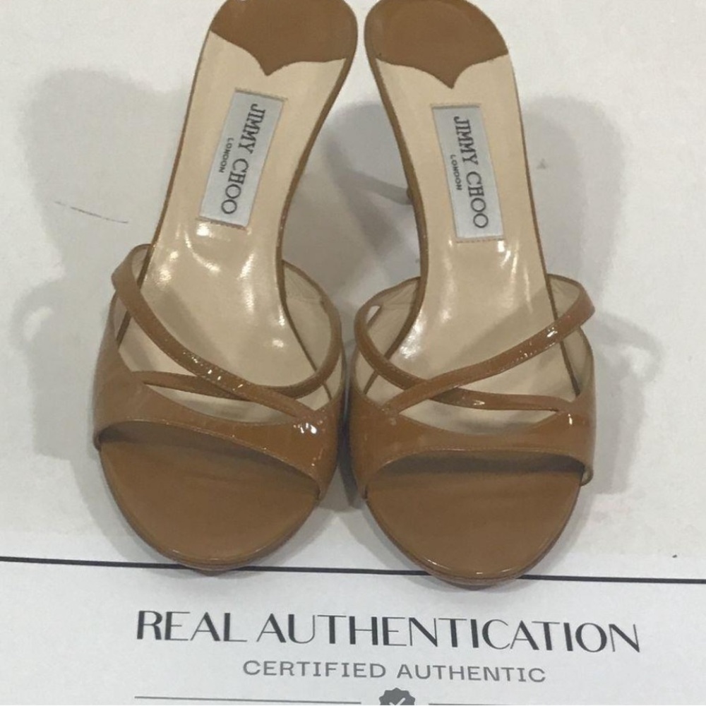 Jimmy Choo Tan Patent Leather Women's Slide Sandals Size 39.5